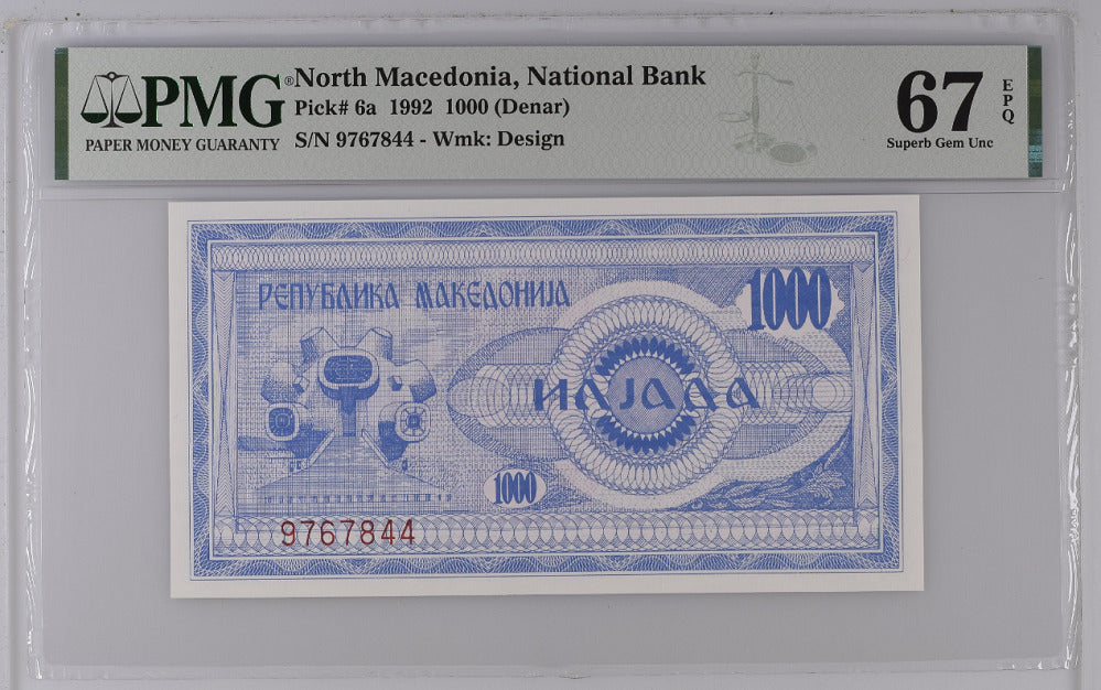 Macedonia 1000 Denar 1992 P 6 a Superb Gem UNC PMG 67 EPQ