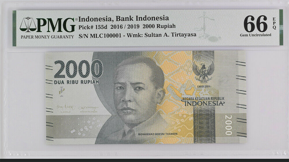 Indonesia 2000 Rupiah 2016/2019 P 155 d RADAR #100001 GEM UNC PMG 66 EPQ