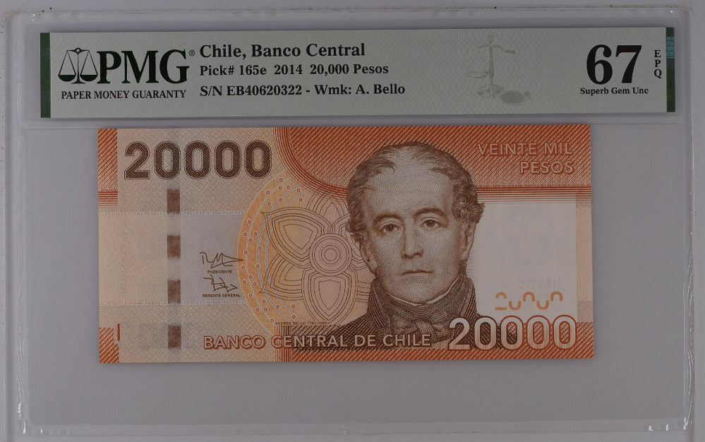 Chile 20000 Pesos 2014 P 165 e Superb Gem UNC PMG 67 EPQ Top Pop