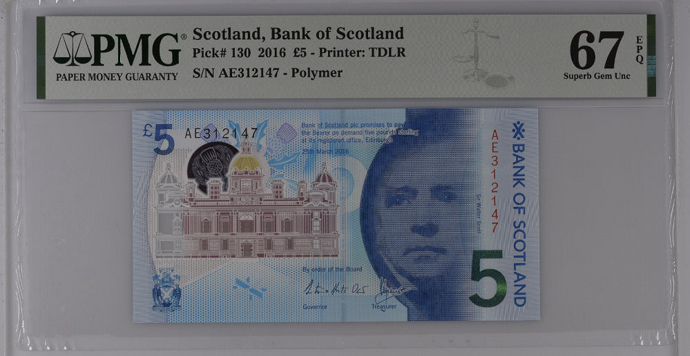 Scotland 5 Pound 2016 P 130 Superb Gem UNC PMG 67 EPQ