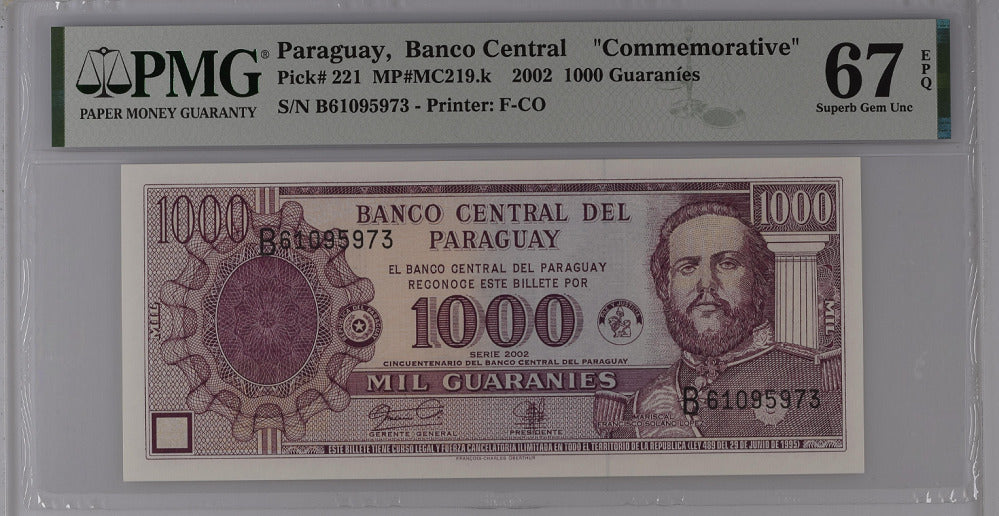 Paraguay 1000 Guaranies 2002 P 221 Superb Gem UNC PMG 67 EPQ