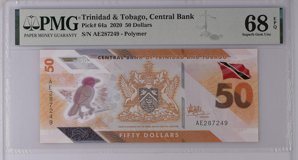 Trinidad & Tobago 50 Dollar 2020 P 64 a Superb Gem UNC PMG 68 EPQ Top Pop