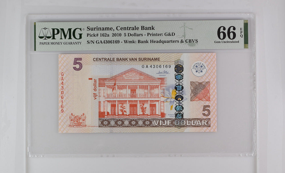 Suriname 5 Dollars 2010 P 162 a Gem UNC PMG 66 EPQ