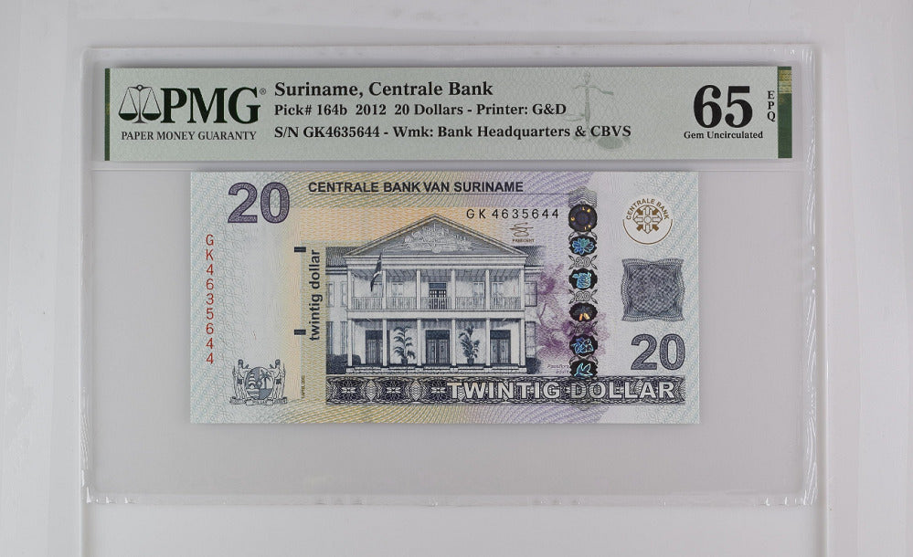 Suriname 20 Dollars 2012 P 164 b GEM UNC PMG 65 EPQ