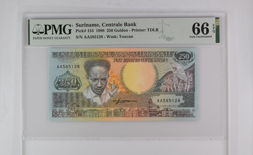 Suriname 250 Gulden 1988 P 134 Gem UNC PMG 66 EPQ
