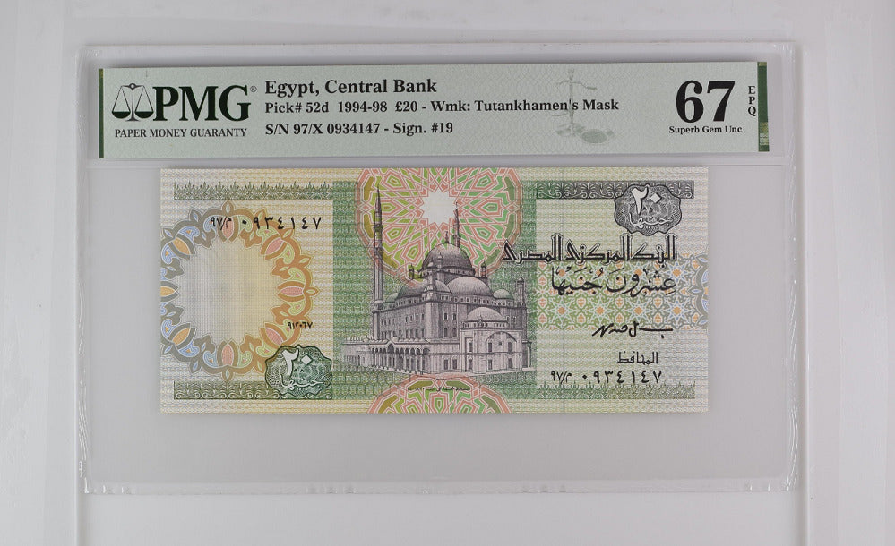 Egypt 20 Pounds 1994/1998 P 52 d Superb Gem UNC PMG 67 EPQ Top Pop