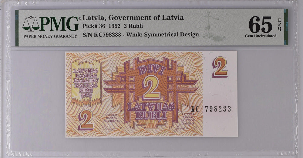 Latvia 2 Rubles 1992 P 36 Gem UNC PMG 65 EPQ
