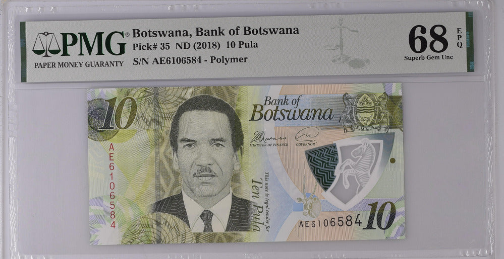 Botswana 10 Pula 2018 P 35 Superb Gem UNC PMG 68 EPQ
