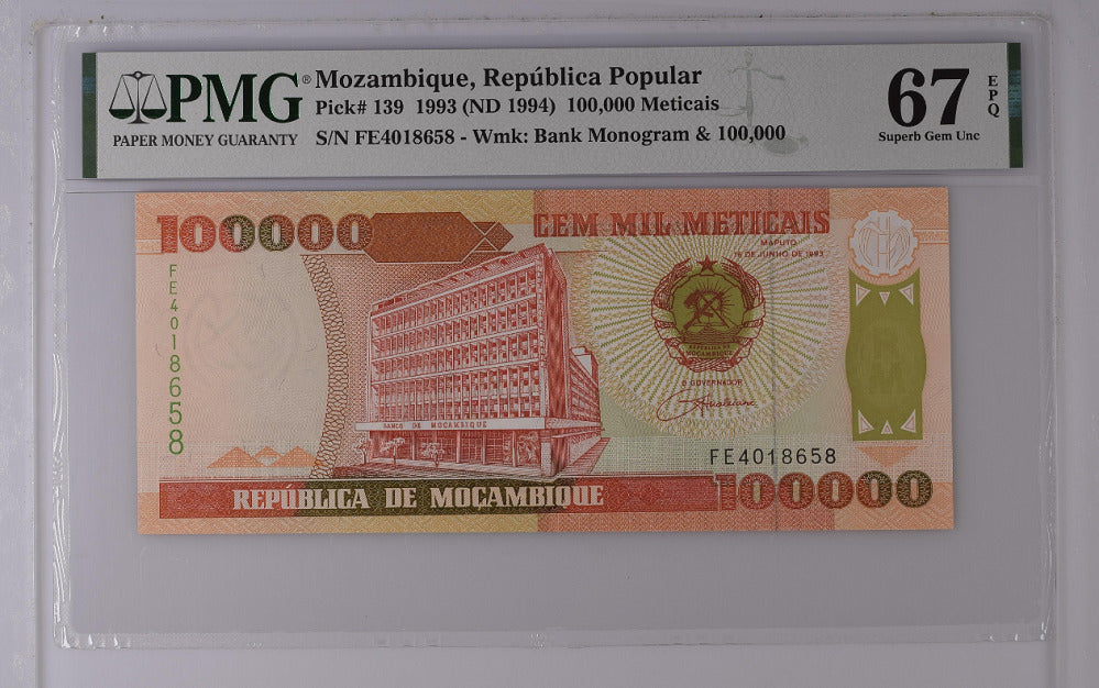 Mozambique 100000 Meticais 1993/1994 P 139 Superb GEM UNC PMG 67 EPQ
