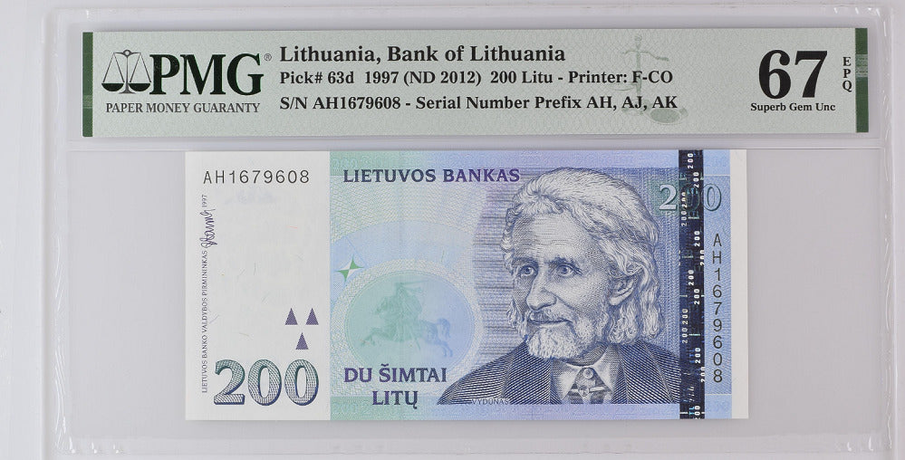 Lithuania 200 Litu 1997/2012 P 63 d Superb Gem UNC PMG 67 EPQ