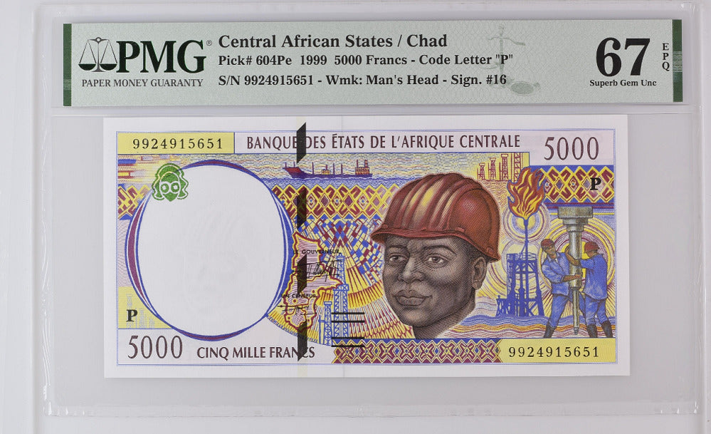 Central African States Chad 5000 Francs 1999 P 604 Pe Superb Gem UNC PMG 67 EPQ