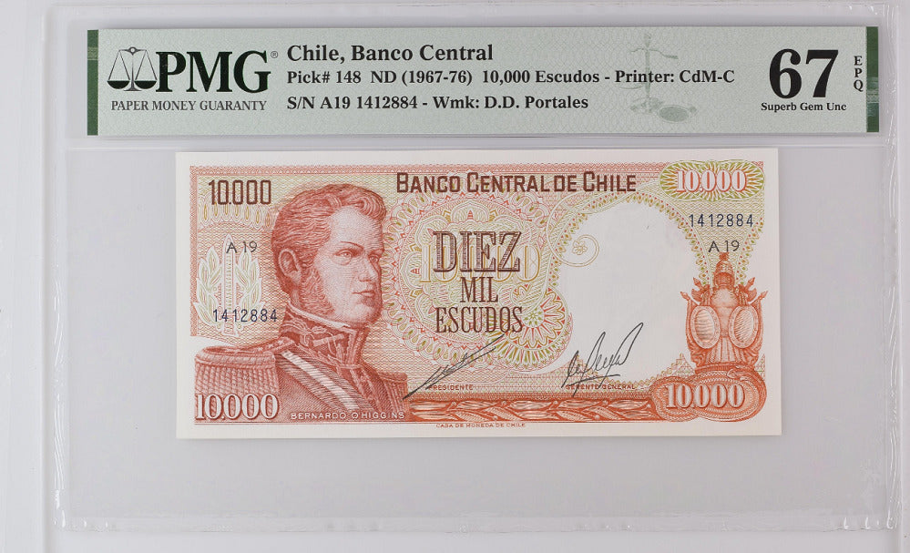 Chile 10000 Escudos 1967/1976 P 148 Superb Gem UNC PMG 67 EPQ