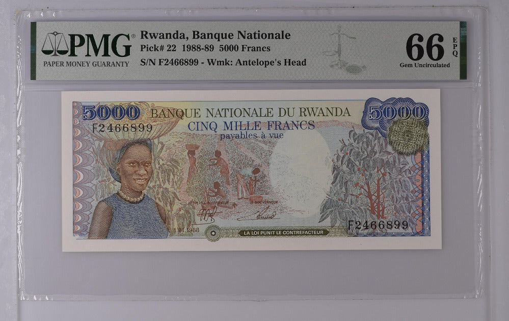 Rwanda 5000 Francs 1988/1989 P 22 Gem UNC PMG 66 EPQ