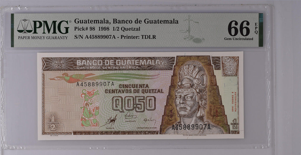 Guatemala 1/2 Quetzal 1998 P 98 Gem UNC PMG 66 EPQ