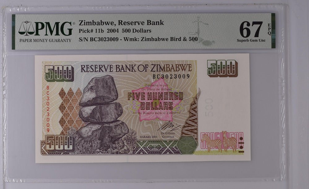 Zimbabwe 500 Dollars 2004 P 11 b Superb GEM UNC PMG 67 EPQ