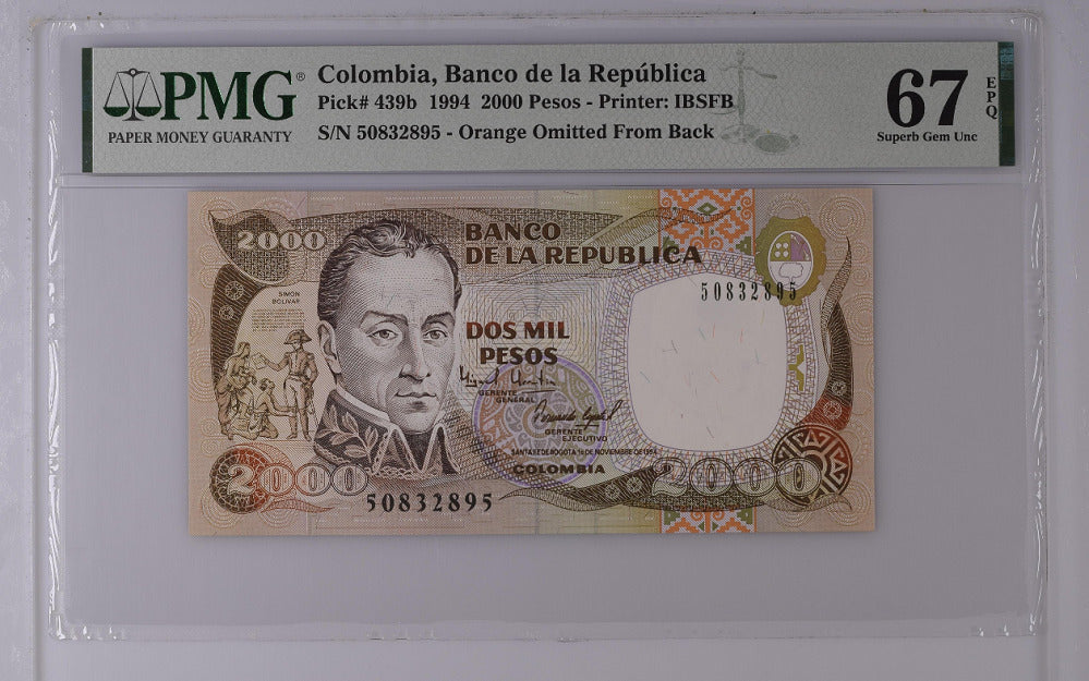 Colombia 2000 Pesos 1994 P 439 b Superb Gem UNC PMG 67 EPQ