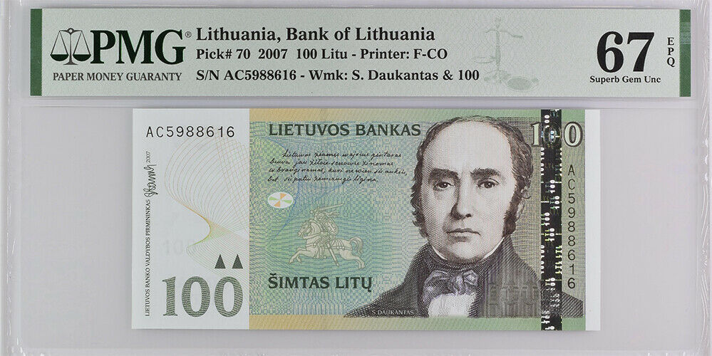 Lithuania 100 Litu 2007 P 70 Superb Gem UNC PMG 67 EPQ