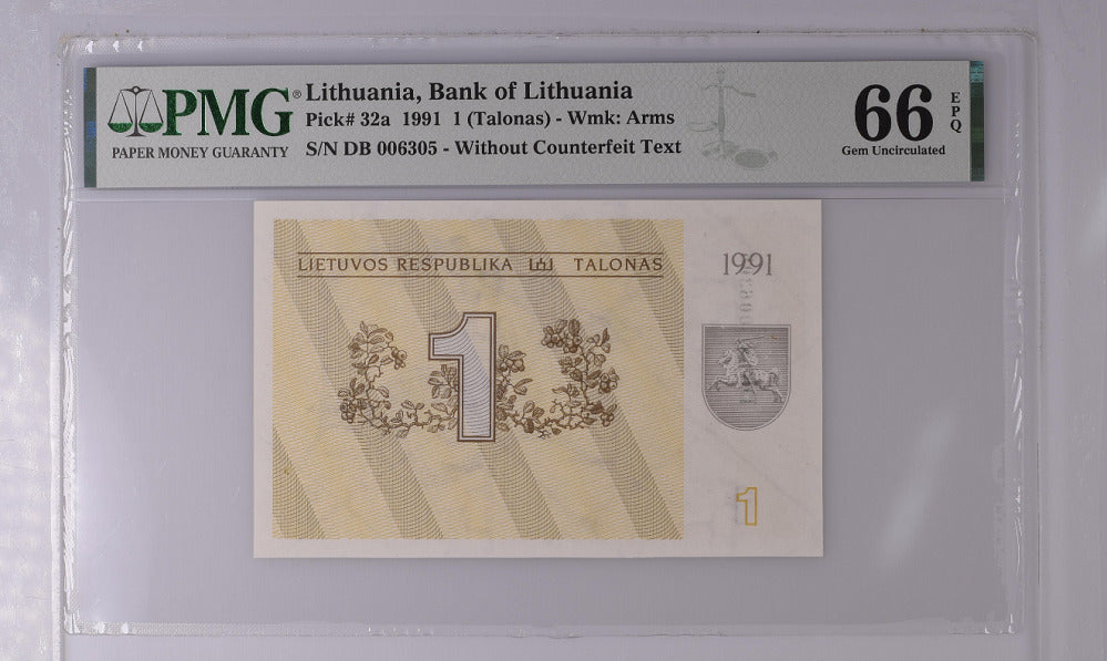 Lithuania 1 Talonas 1991 P 32 a Gem UNC PMG 66 EPQ
