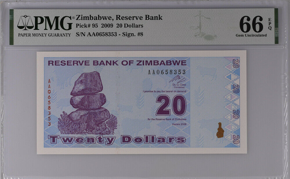 Zimbabwe 20 Dollars 2009 AA P 95 GEM UNC PMG 66 EPQ