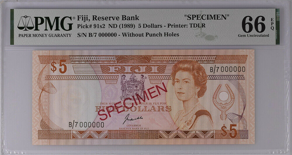 Fiji 5 Dollars ND 1989 P 91s2 SPECIMEN Gem UNC PMG 66 EPQ