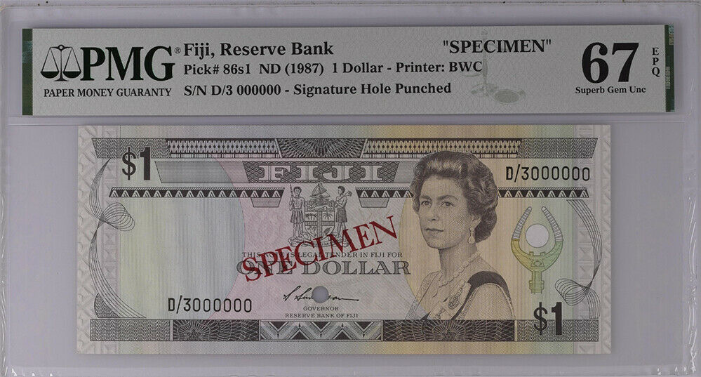 Fiji 1 Dollar ND 1987 P 86s1 SPECIMEN Superb Gem UNC PMG 67 EPQ High