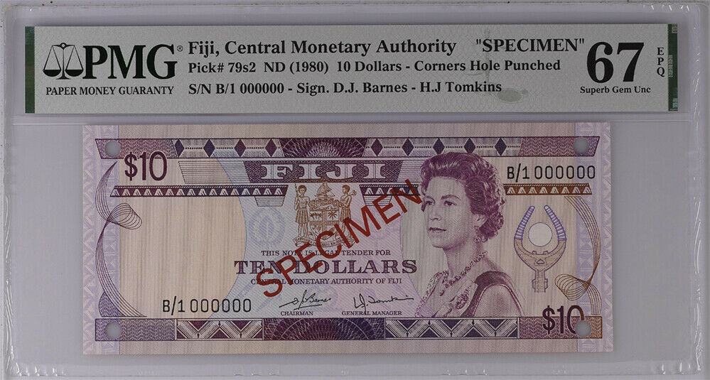 Fiji 10 Dollars ND 1980 P 79s2 SPECIMEN Superb Gem UNC PMG 67 EPQ Top Pop