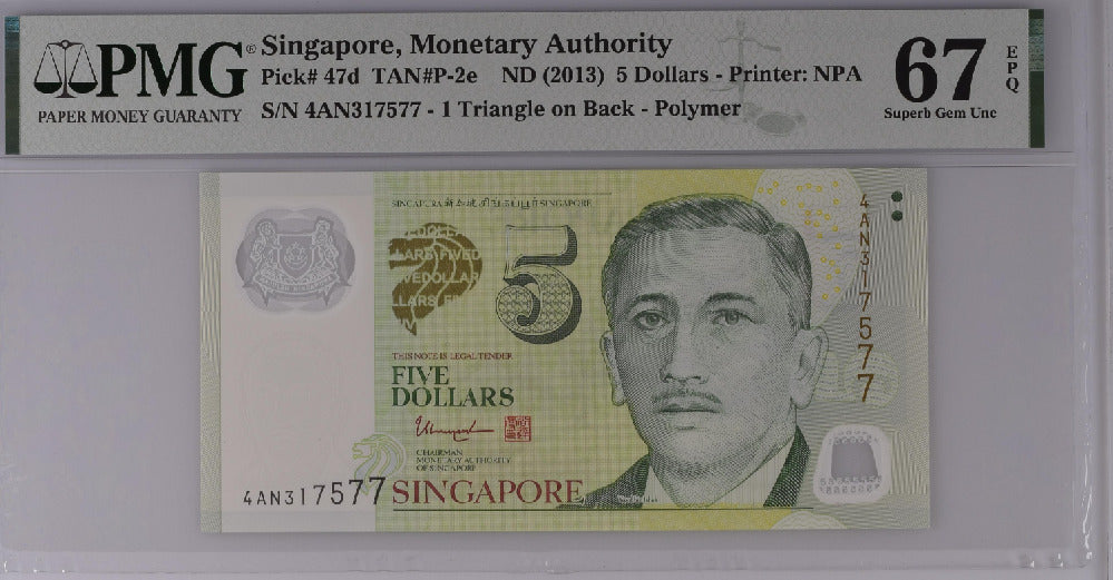 Singapore 5 dollars ND 2013 P 47 d Superb Gem UNC PMG 67 EPQ