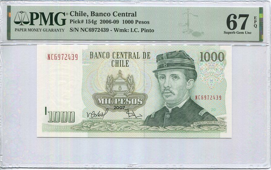 Chile 1000 Pesos 2007 P 154 g Superb GEM UNC PMG 67 EPQ TOP POP