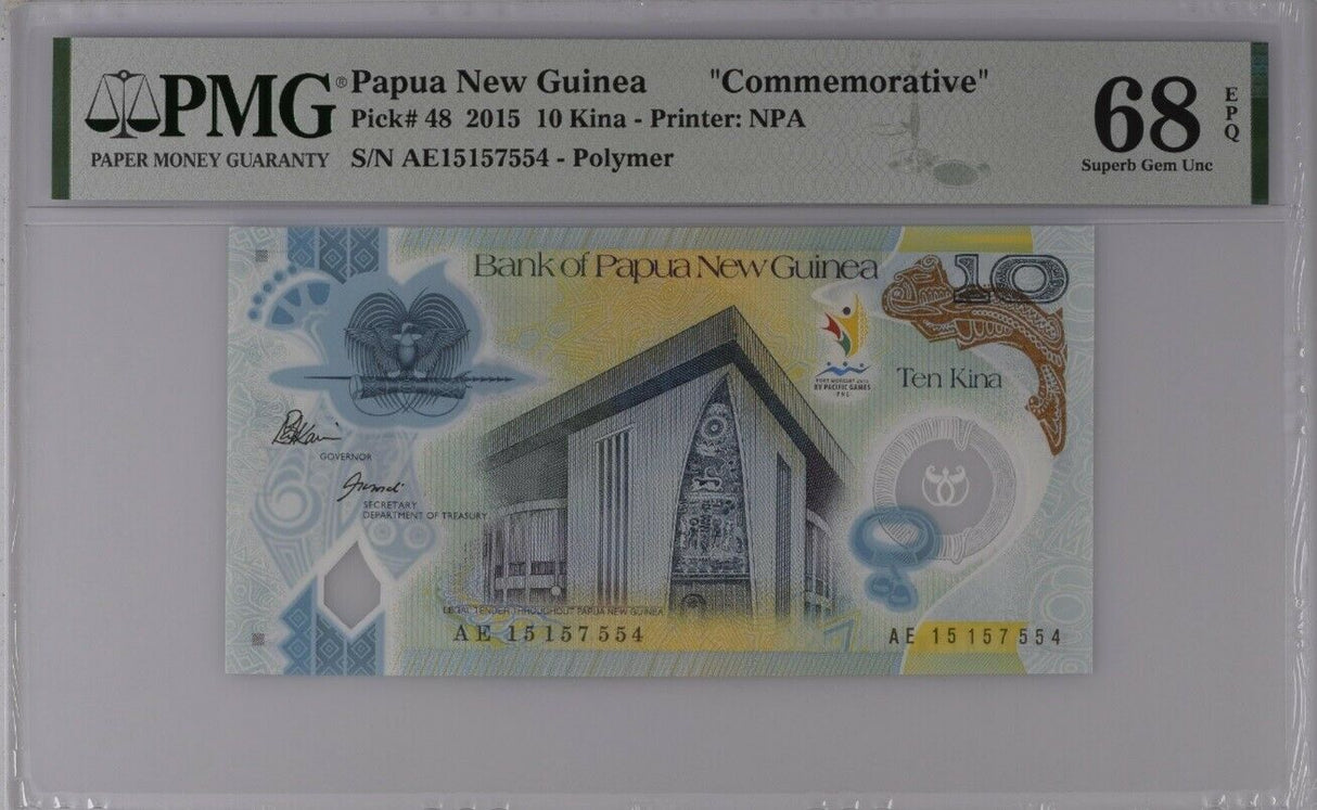 Papua New Guinea 10 Kina 2015 P 48 COMM. Superb Gem UNC PMG 68 EPQ TOP