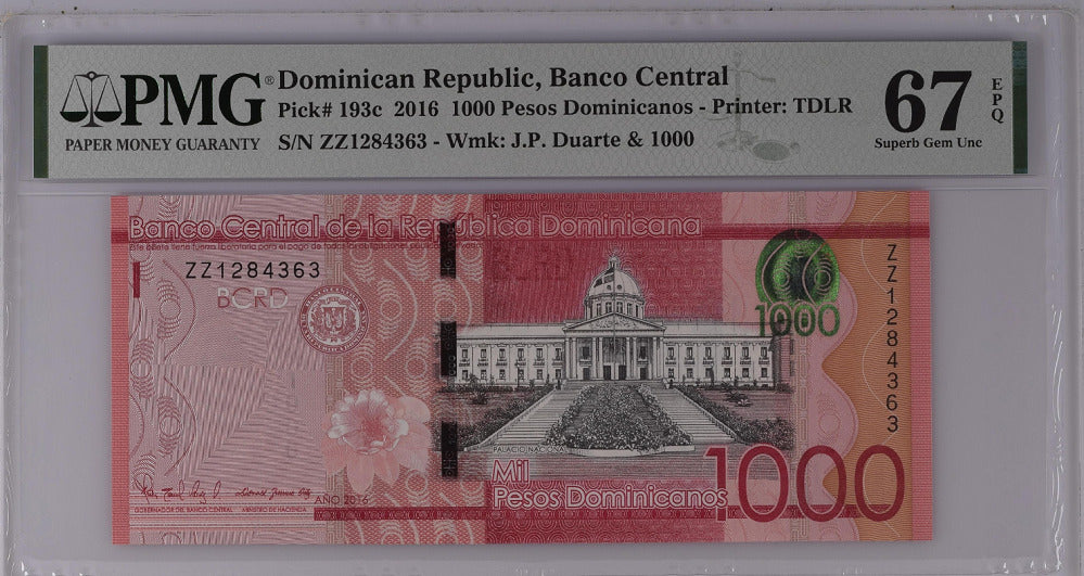 Dominican Republic 1000 Pesos 2016 P 193 c Superb Gem UNC PMG 67 EPQ