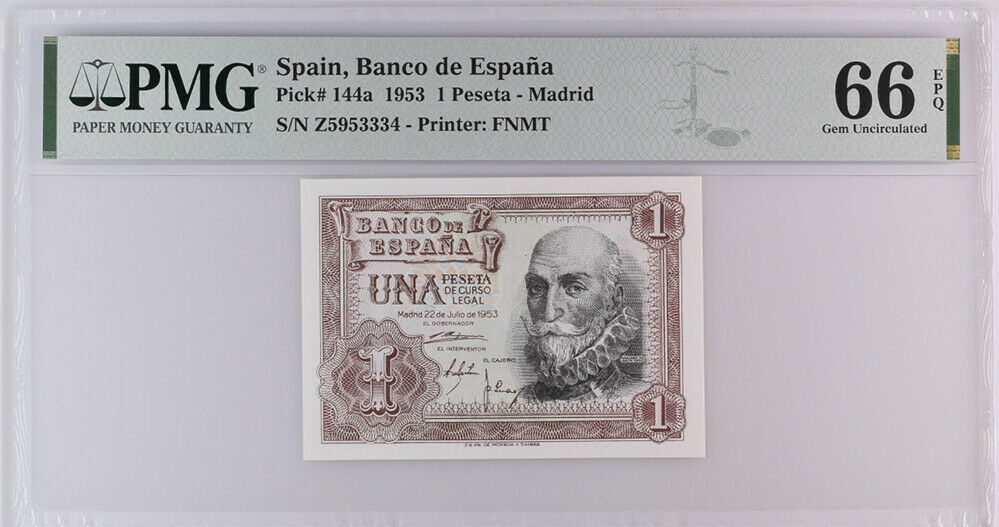 Spain 1 Peseta 1953 P 144 a GEM UNC PMG 66 EPQ