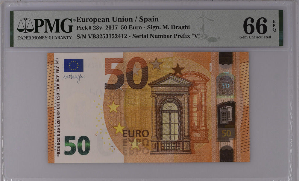 Euro 50 Euro Spain 2017 VB Prefix P 23 v Gem UNC PMG 66 EPQ