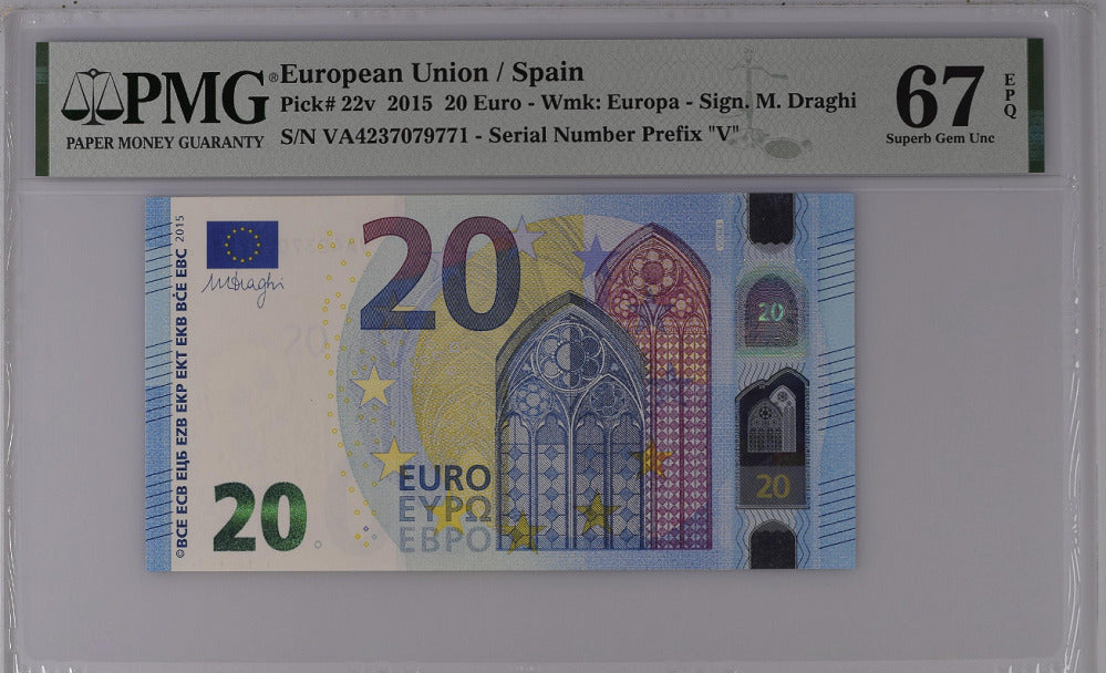 Euro 20 Euro Spain 2015 V Prefix P 22 v Superb Gem UNC PMG 67 EPQ