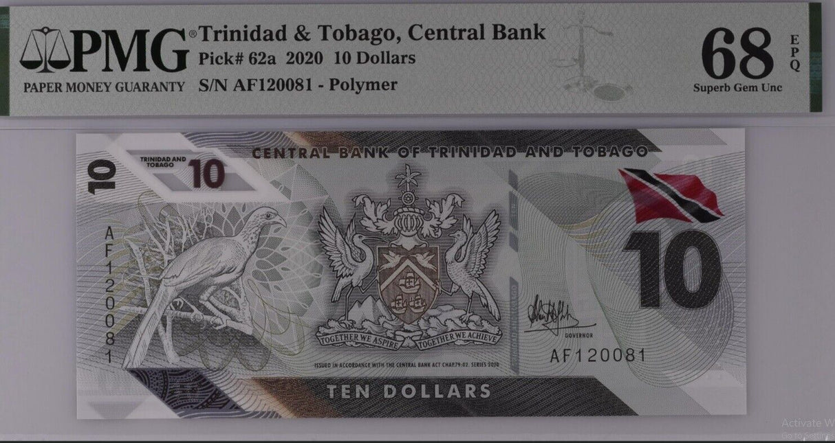 Trinidad & Tobago 10 Dollars 2020 P 62 a Superb Gem UNC PMG 68 EPQ