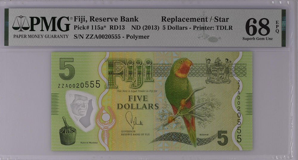 Fiji 5 Dollars ND 2013 P 115 a* Replacement Superb GEM UNC PMG 68 EPQ Top Pop