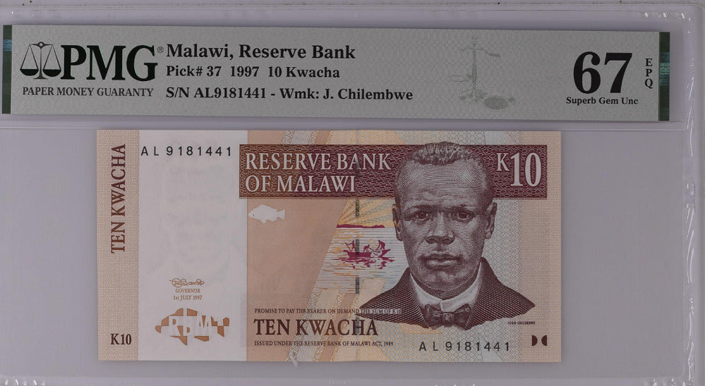 Malawi 10 Kwacha 1997 P 37 Superb Gem UNC PMG 67 EPQ