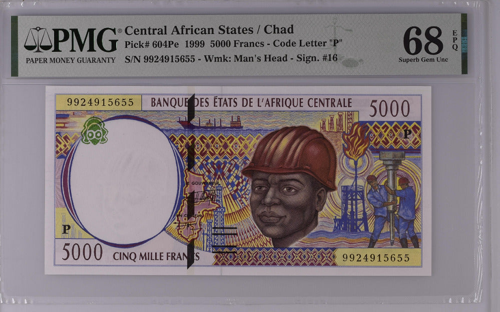Central African States Chad 5000 Francs 1999 P 604 Pe Superb Gem UNC PMG 68 EPQ