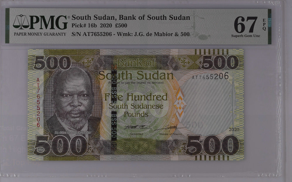 South Sudan 500 Pounds 2020 P 16 b Superb Gem UNC PMG 67 EPQ Top Pop