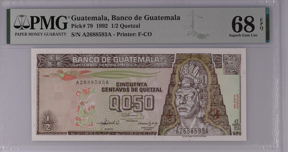 Guatemala 1/2 Quetzal 1992 P 79 Superb Gem UNC PMG 68 EPQ Top Pop