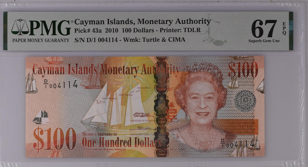 Cayman Islands 100 Dollars 2010 P 43 a QE II Superb Gem UNC PMG 67 EPQ Top Pop
