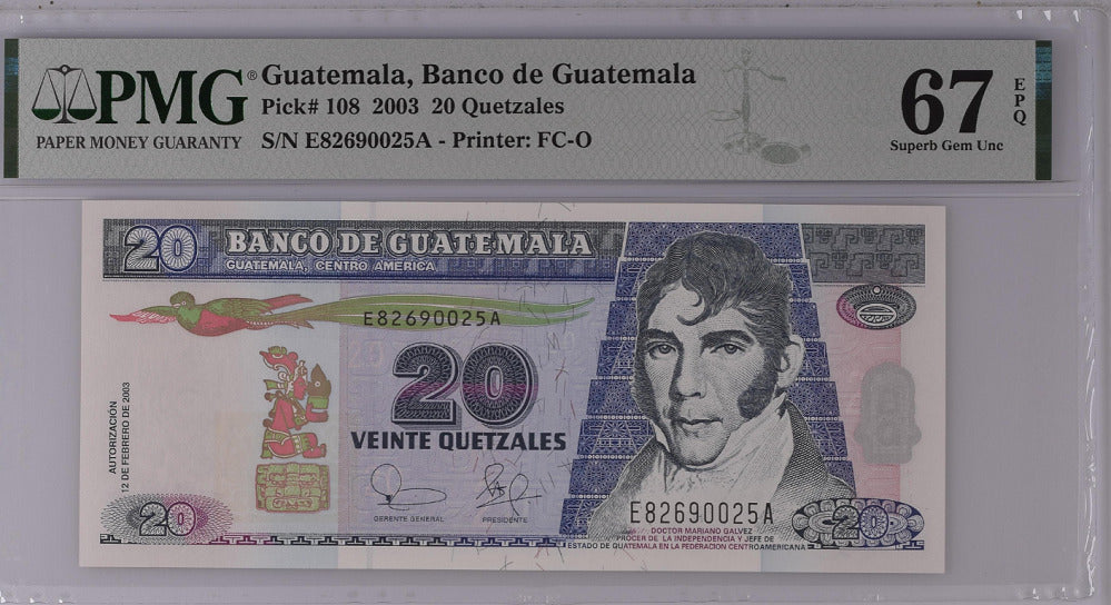 Guatemala 20 Quetzales 2003 P 108 Superb Gem UNC PMG 67 EPQ Top Pop