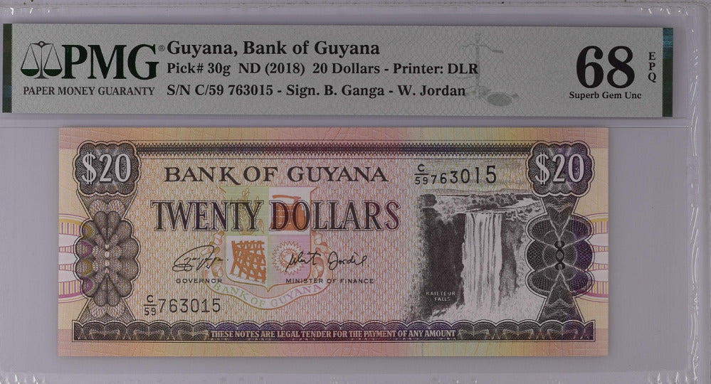 Guyana 20 Dollars ND 2018 P 30 g Superb Gem UNC PMG 68 EPQ