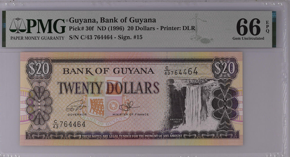 Guyana 20 Dollars ND 1996 P 30 f Sign 15 Gem UNC PMG 66 EPQ