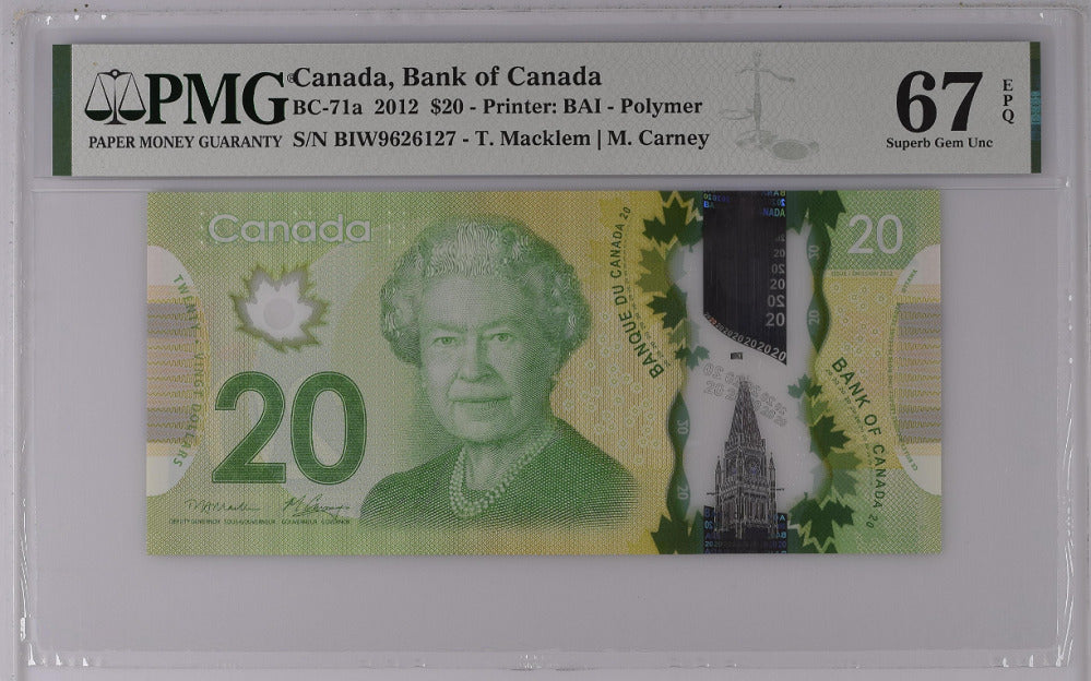 Canada 20 Dollars 2012 Polymer P 108 a Macklem Carney Superb Gem UNC PMG 67 EPQ