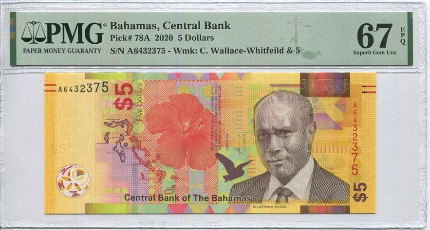 Bahamas 5 Dollars 2020 P 78A Superb Gem UNC PMG 67 EPQ