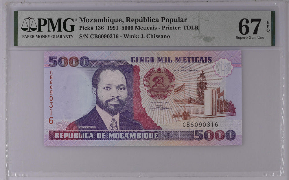 Mozambique 5000 Meticais 1991 P 136 Superb GEM UNC PMG 67 EPQ Top Pop