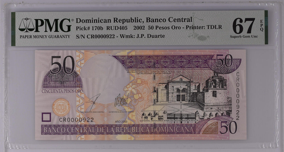 Dominican Republic 50 Pesos 2002 P 170 b Low 922 Superb Gem UNC PMG 67 EPQ Top