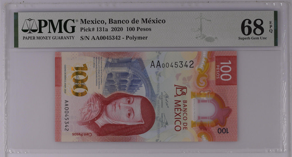 Mexico 100 Pesos 2020 P 131 AA Prefix Polymer 0045342 Superb Gem UNC PMG 68 EPQ
