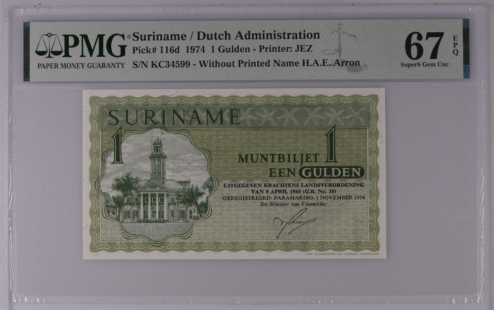 Suriname 1 Gulden 1974 P 116 d Superb Gem UNC PMG 67 EPQ
