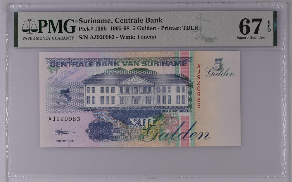 Suriname 5 Gulden 1998 P 136 b Superb Gem UNC PMG 67 EPQ